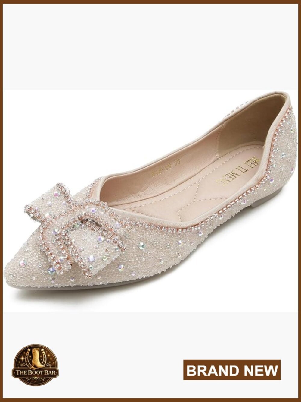 Pointed Toe Rhinestone Flats with Floral Decor, Slip-On Wedding Shoes